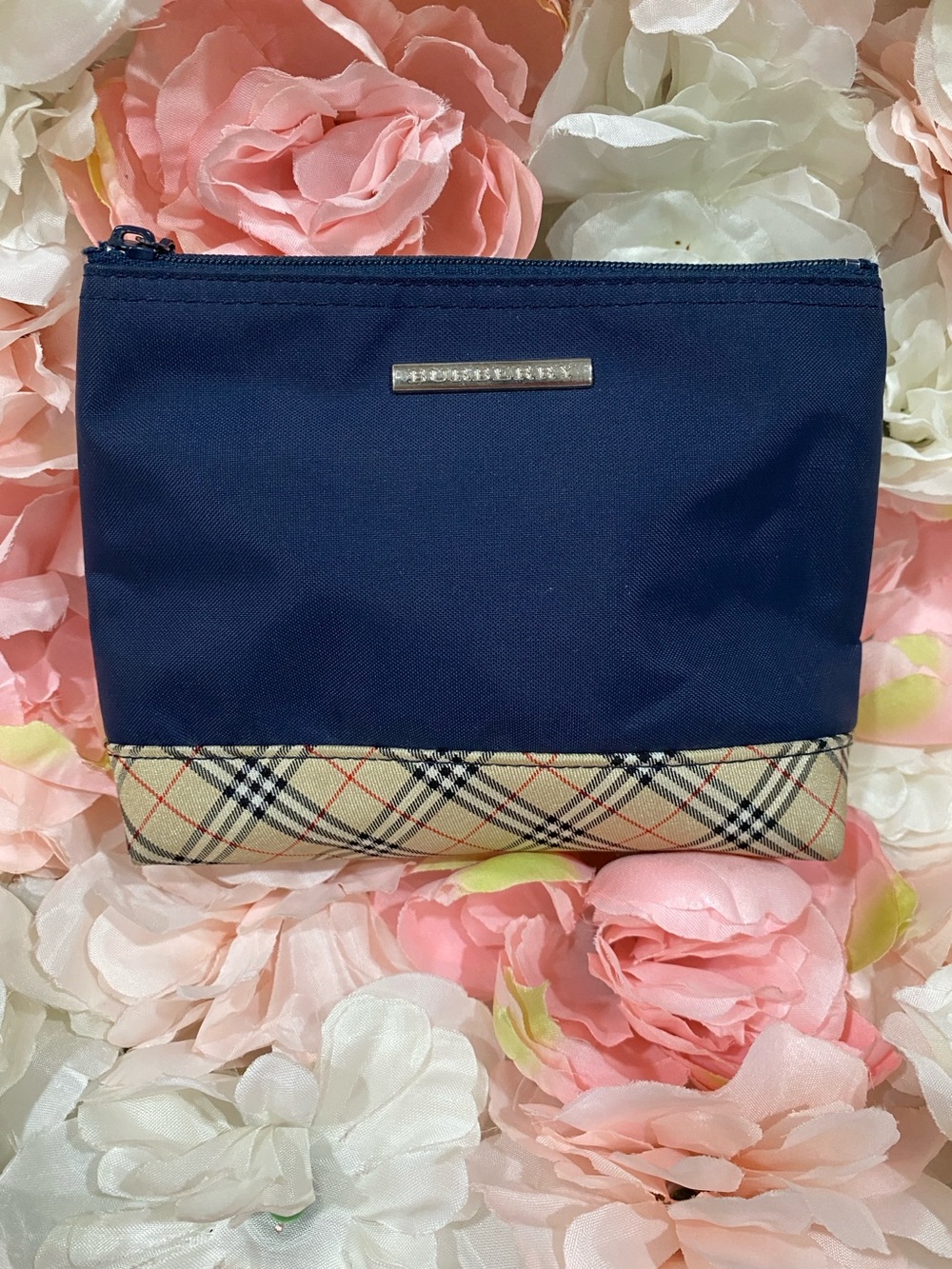 Burberry Navy Cosmetic Pouch with Beige Check Trim